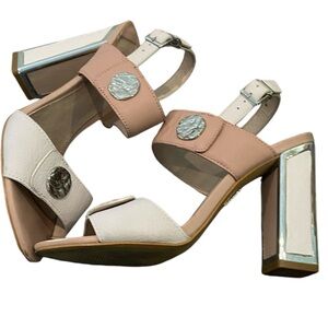 Tan and white high heel sandals. Moda in Pelle. Sz 7.5. Excellent condition